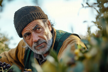 Farmer working in olive oil production line during seasonal harvest in traditional agricultural facility, generative ai