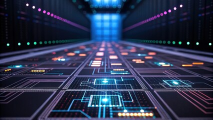 A futuristic data center corridor featuring illuminated circuit patterns on the floor and vibrant lights in the background.