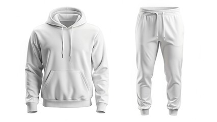 White sweatshirt with hood and sweatpants isolated on gray , hooded tracksuit suit mockup
