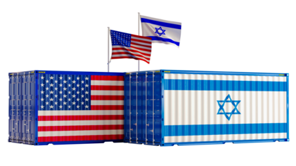 Cargo Container with Israel and USA flag isolated on transparent background