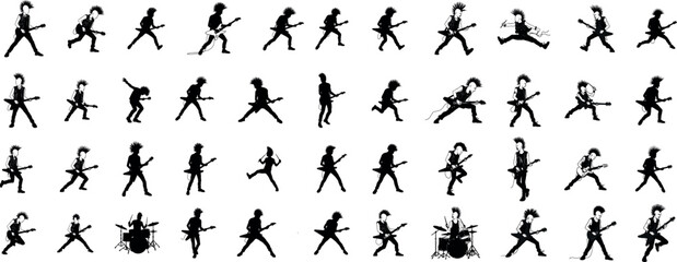 Naklejka premium monochrome vector rockstar musician guitar and drum in mezzotint photocopy effect, for grunge punk y2k collage design. guitarist vocalist retro elements.