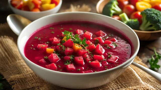 Warm bowl of borscht, a lively red beet soup, topped with chopped tomatoes. Ideal comfort dish!