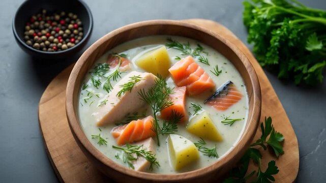 Salmon and trout creamy soup with potatoes and parsley, overhead shot on gray backdrop.