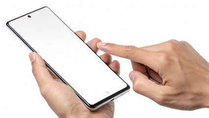 Hands Using Smartphone with Blank Screen on White Background V9