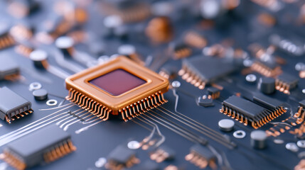 A close-up view of a computer microprocessor on a circuit board, showcasing intricate pathways and connections.