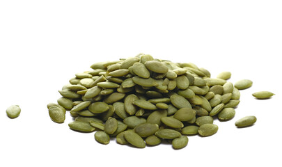 Pumpkin seeds pile isolated on white background, side view	