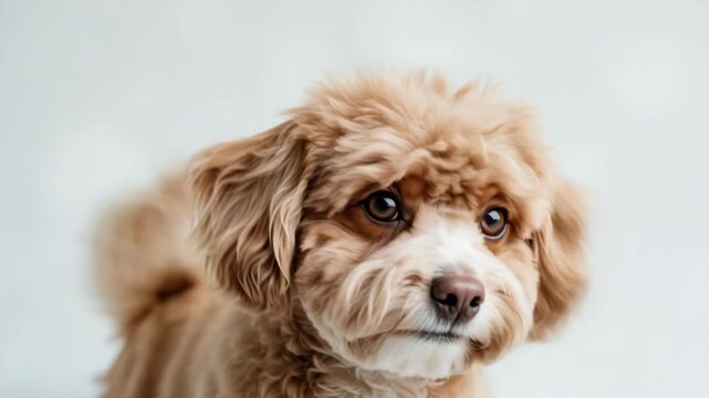 Adorable and delightful dog. footage of a dog with big, soft eyes and brown coat standing in front of a white studio background. Close-up. The pet looks happy and healthy. Themes of companionship,
