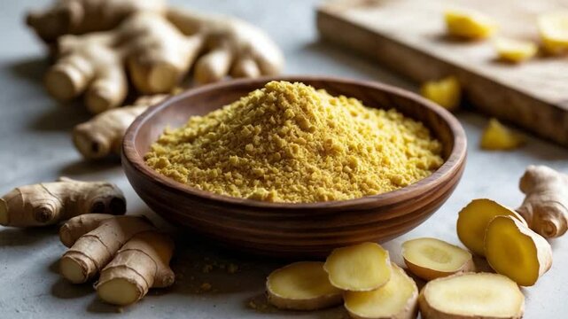 Closeup of dry and fresh ginger on a table
