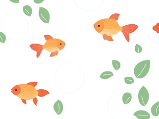 A white background with goldfish and green leaves floating in circles