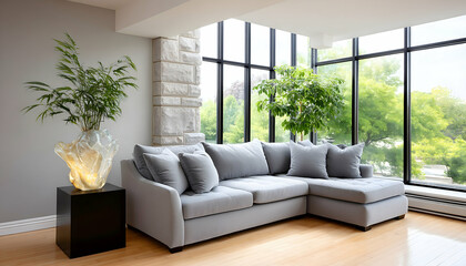 Modern living room with grey sectional sofa, large windows, and plants
