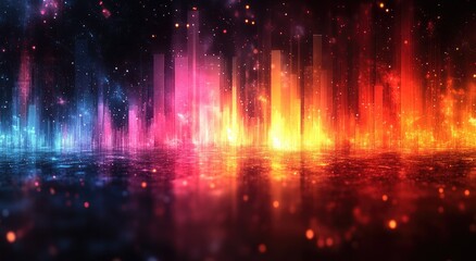 Obraz premium Vibrant Abstract Cityscape with Colorful Glowing Lights and Reflections on Dark Background