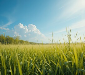 A vast field of tall, golden grass sways gently in the breeze under a clear blue sky, with sunlight casting soft shadows, creating a serene and tranquil atmosphere.