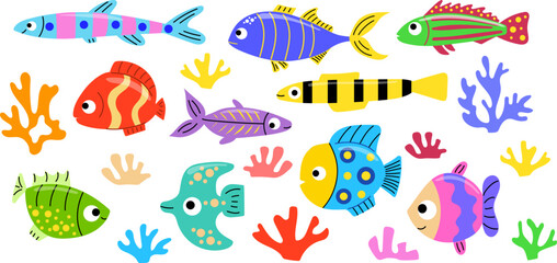 Naklejka premium Tropical fish set. Cartoon fish. Exotic fish and coral