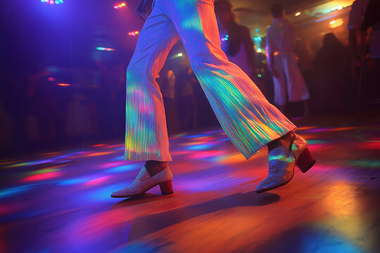 Solo disco dancer electrifies neon-lit floor with rhythmic retro 70s moves
