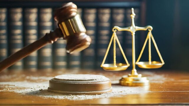Hammer and a stack of dusty files on a table - symbolizing unresolved old cases or judicial work.