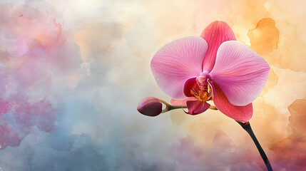 Vibrant pink orchid blossom against a soft watercolor backdrop.