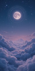 A luminous full moon casts a soft, silvery glow over a sea of fluffy, white clouds, creating a serene and magical nighttime atmosphere in the deep blue sky.