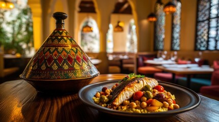 Fototapeta premium Traditional Moroccan fish tagine, traditional international cuisine with seafood, stew with chickpeas and vegetables, AI generated