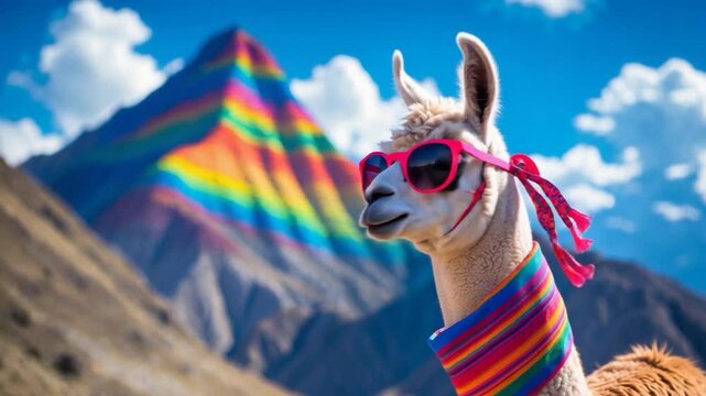 Funny Alpaca, Lama pacos, near the mountains, famous site in the Andes