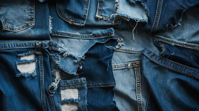 Denim blue jeans fabric border. Torn denim textile. Damaged ripped areas, banner background. Upcycle old items idea. Several fabric pieces.