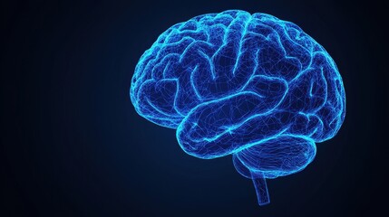 Blue Neon Brain Illustration on Dark Background with Glowing Effect