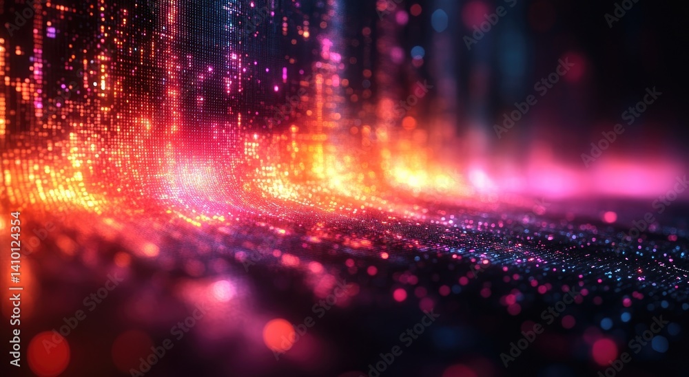 Aufkleber abstract cascading light particles in vibrant color on dark background with bokeh effect for futuris