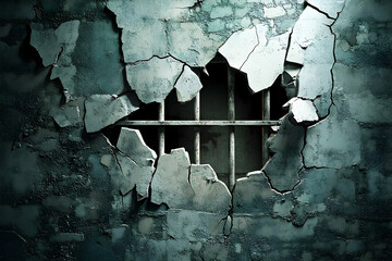 Cracked wall with a barred opening reveals a sense of confinement.
