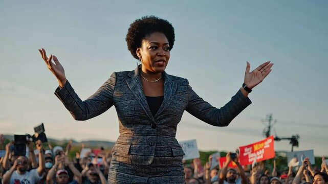 Visionary Leader: An inspiring person, radiating confidence and charisma, addresses a crowd with outstretched arms, bathed in natural light against a backdrop of an attentive audience.