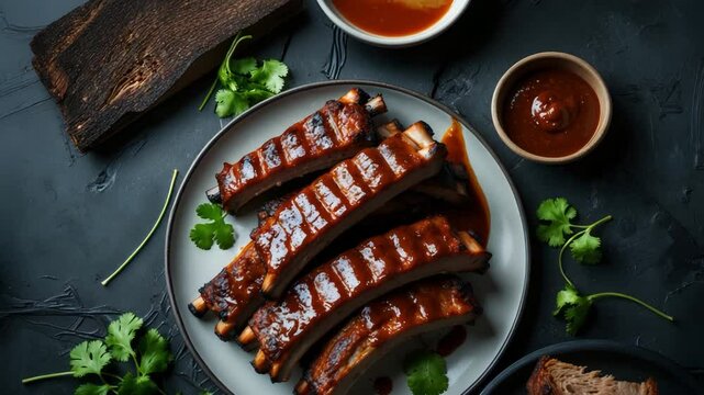 Flat lay of grilled spare ribs on a plate with a backdrop, bird's eye view.