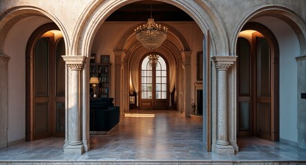 Fototapeta premium arched doorways leading to different rooms inside home cinematic view background 