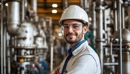 Industrial Engineer In White Helmet Conducting Maintenance And Checking Security Systems In Heavy Industrial Factory Setting. Focus On Machinery.