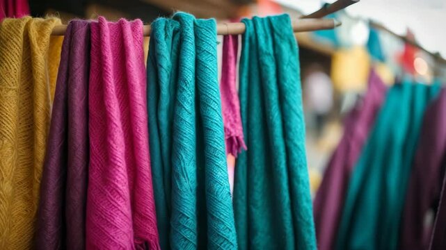 Colorful alpaca wool scarves showcased on a rod in the market.