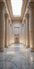 A spacious room featuring tall, elegant columns that rise to a beautifully lit ceiling, casting soft shadows on the polished floor, creating an inviting and airy atmosphere.