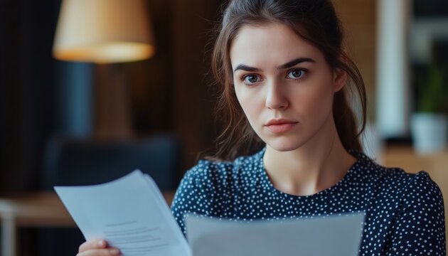 Skeptical Millennial Businesswoman Holding Contract Document Receives Unconvincing Offer From Business Partner: Suspicious Terms, Doubtful Investor, Potential Fraud Scam.