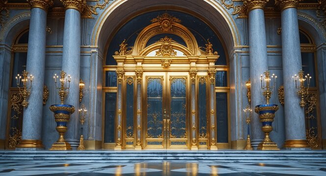 massive grand entrance with gold plated doors cinematic view background 