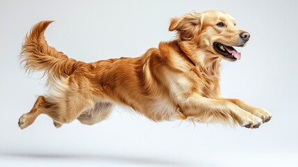 Energetic Golden Retriever Dog in Mid-Air Action Jumping Playfully
