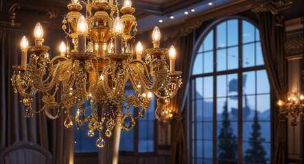 Obraz premium ornate chandelier casting golden light inside home cinematic view background 