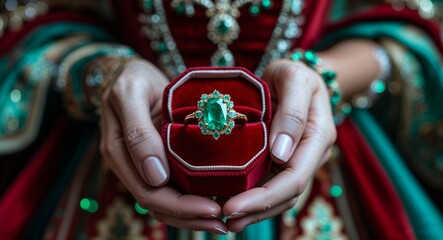Fototapeta premium red velvet jewelry box holding an emerald ring cinematic view background 