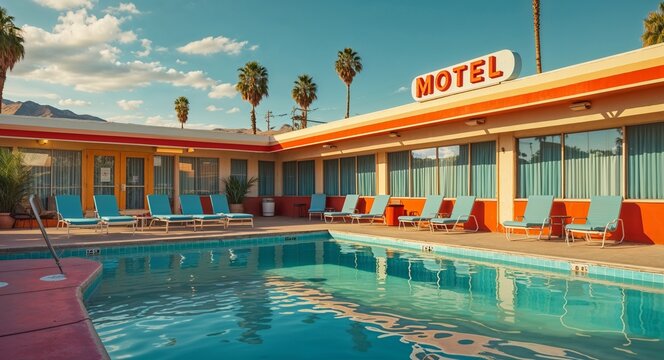 retro motel pool area with lounge chairs cinematic view background 