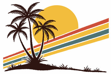 A palm tree silhouette on retro stripes with a sun background
