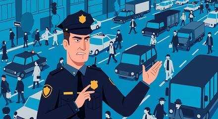 Obraz premium City Police Officer Directing Traffic Amidst Busy Urban Street Scene