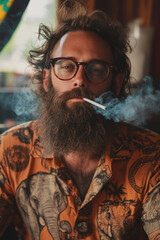 Obraz premium Casual portrait of a bearded man wearing glasses and a colorful printed shirt, smoking a cigarette with surrounding smoke, showcasing a relaxed and contemplative mood and unique fashion style.
