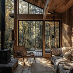 Fototapeta premium Cozy Cabin Escape: Sunlit Forest Retreat
