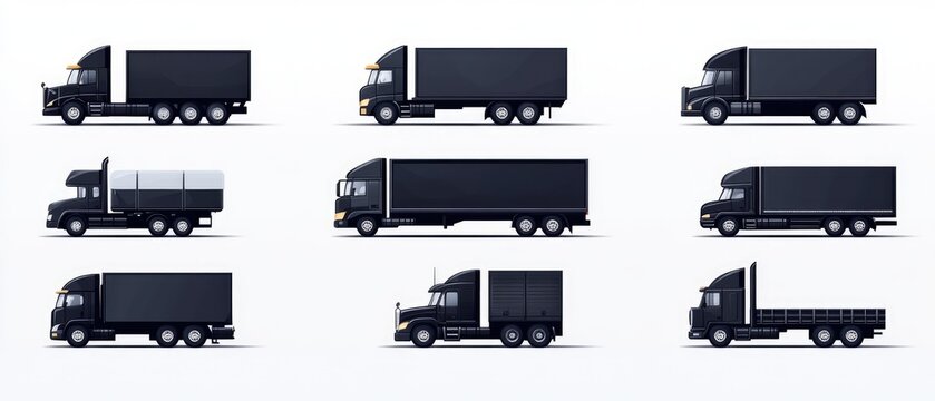 Assorted Black Pixel Art Truck Collection on White Background Featuring Various Transportation Types Rendered in Digital Style