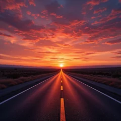 Selbstklebende Fototapeten A winding road stretches into the horizon, bathed in warm hues of orange and pink as the sun sets, casting long shadows and illuminating the surrounding landscape with a golden glow. © best image tools