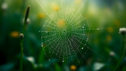 Close-up shot of dew droplets clinging to a spider web