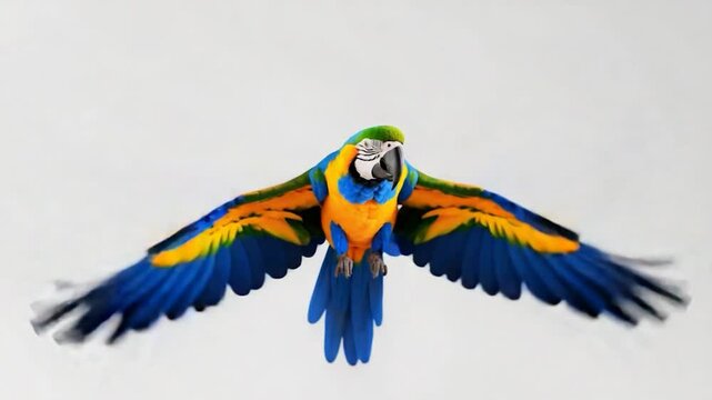 Vibrant parrot in flight against a white background