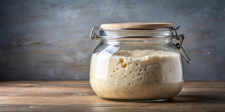 Glass jar filled with bubbling dough leaven for preparing yeast bread