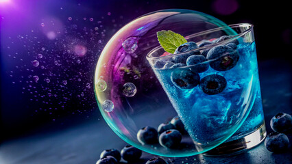 Blueberry Cocktail Inside a Transparent Bubble Glowing from Its Core