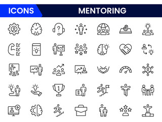 Vector illustration web line icon collection depicting mentoring concepts, including guidance, support, teaching, leadership, and personal development symbols.